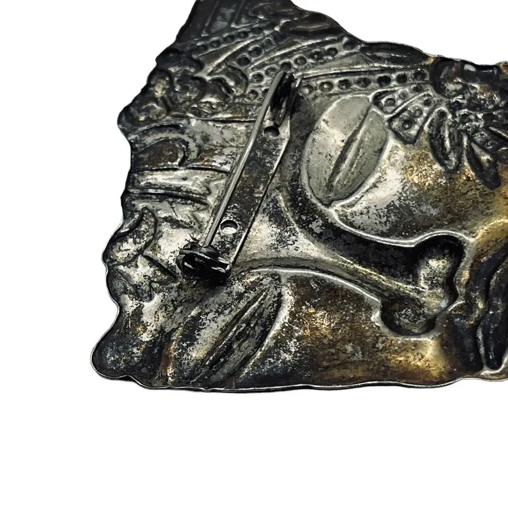 Face Brooch Pin Art Nouveau Silver Tone Fragment Style Retro Chic Aged Floral